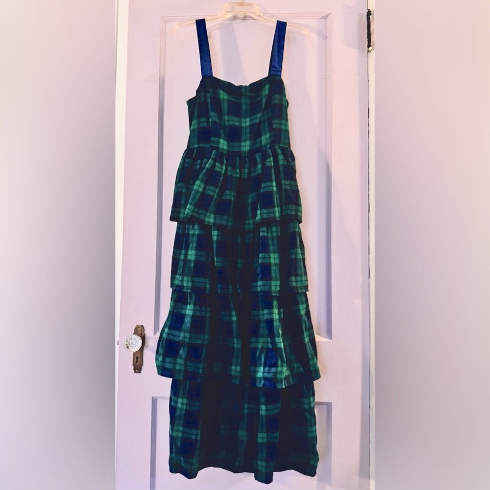 Blue/Green Plaid Dress w/Ruffled Tiers